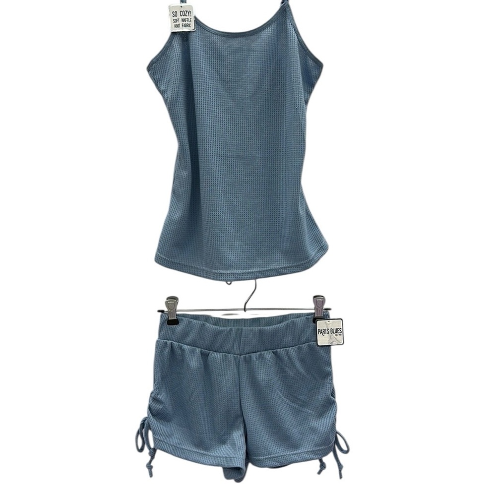 PJ Set Paris Blues Waffle Knit Adjustable Spaghetti Strap Tank and Shorts Small